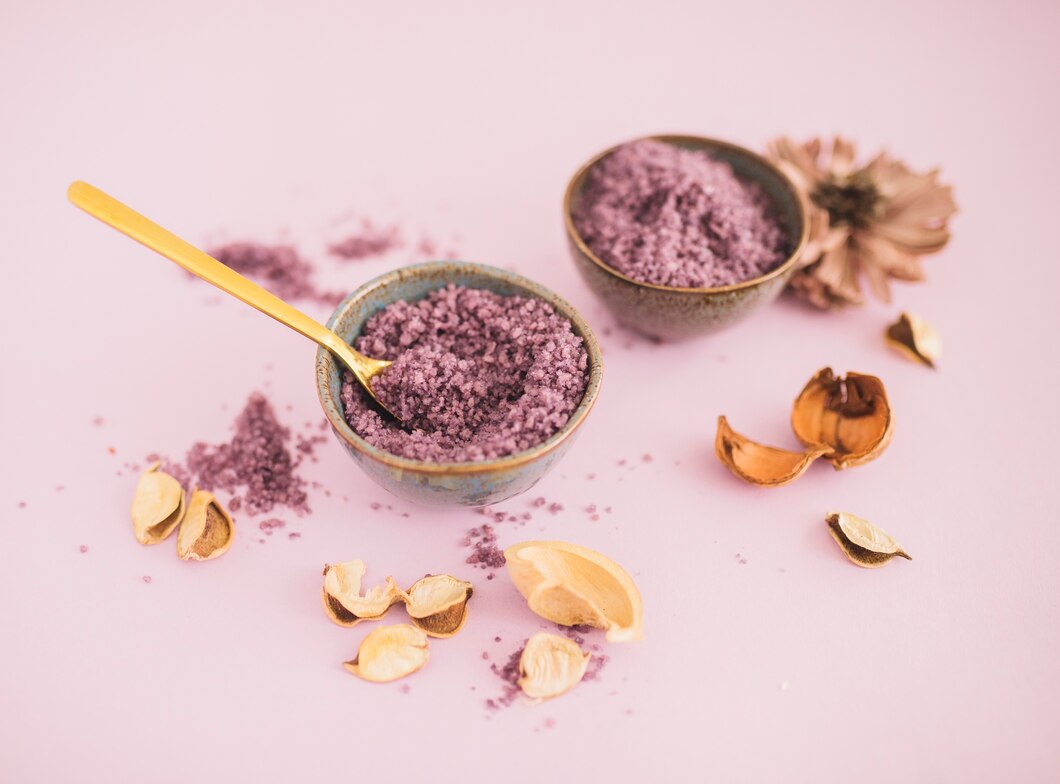 bowl sea salt with pods pink backdrop 23 2147971404