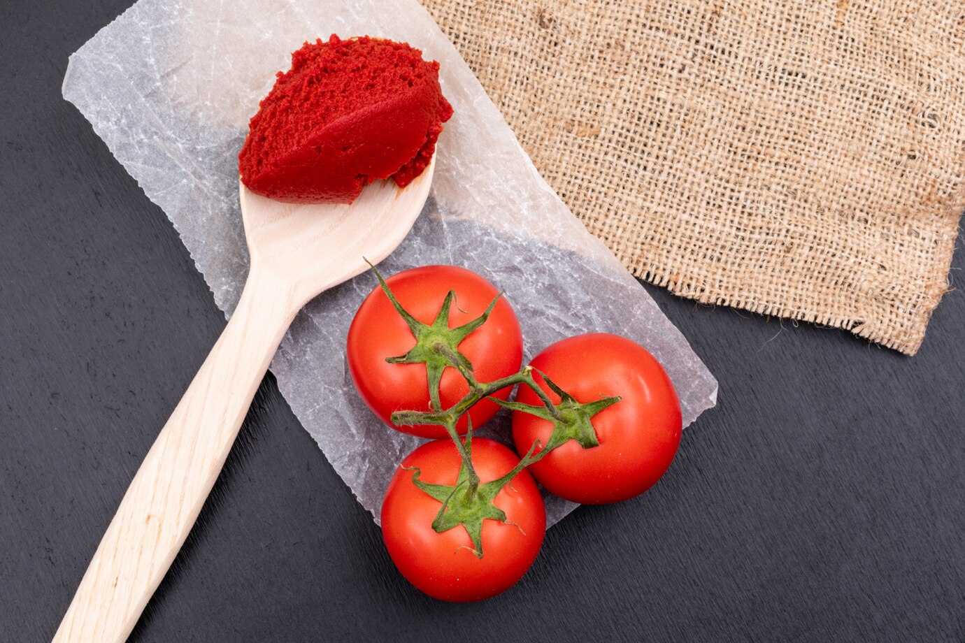 tomatoes polyethylene tomato paste wooden spoon near sackcloth black stone surface 176474 198